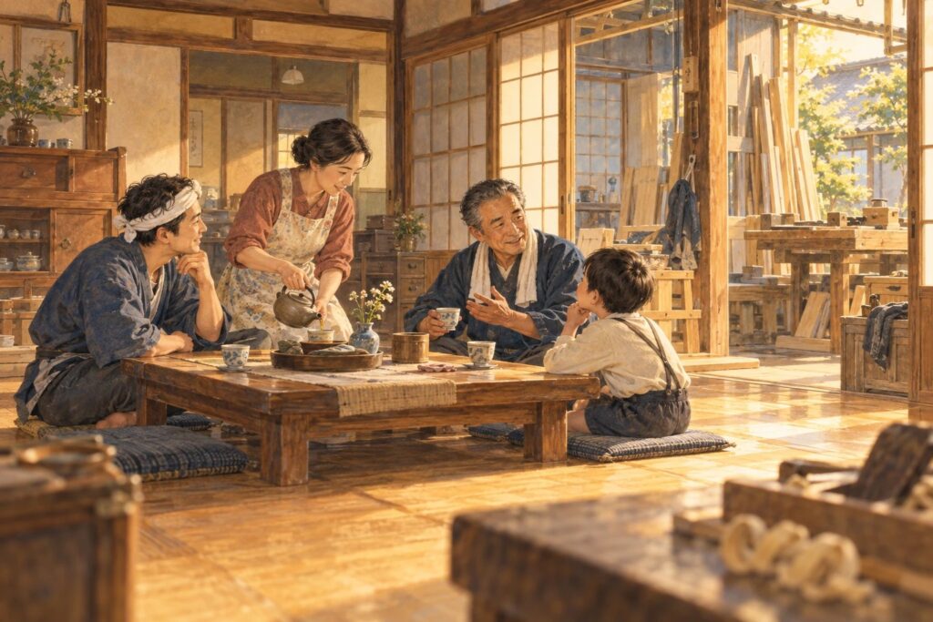 木の座卓を囲んで、職人さんと家族がお茶を飲みながら話している場面の挿絵。奥に作業場が見える