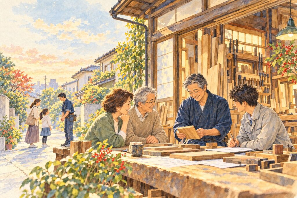 工房で住まいについて話す人々と、地域の親子との交流を描いた水彩の挿絵