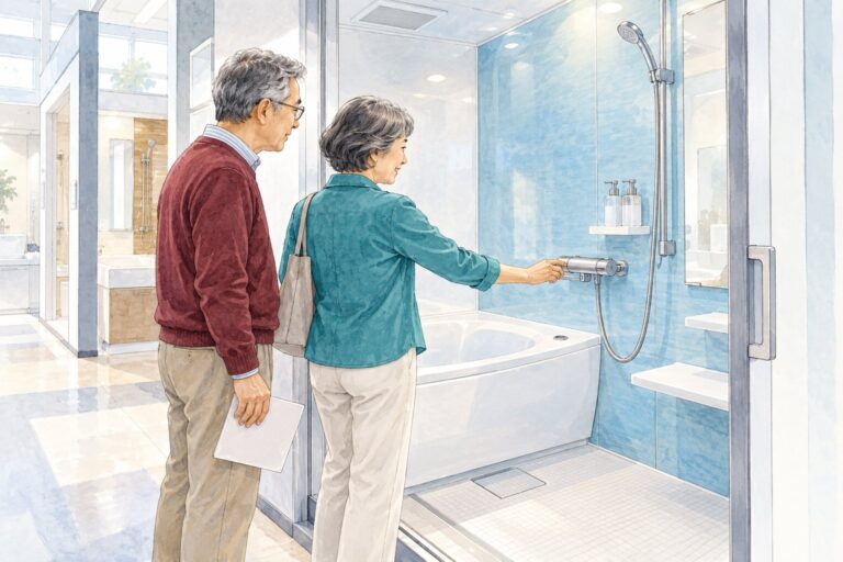 ショールームの青い壁の浴室で、水栓の使い勝手を確かめるご夫婦の挿絵