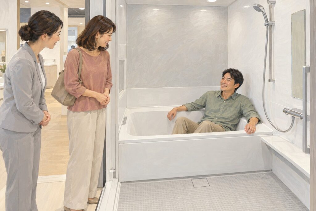 ショールームで、服を着たまま展示の浴槽に座って確かめるご主人と、笑顔で見守る奥様とアドバイザーのイラスト