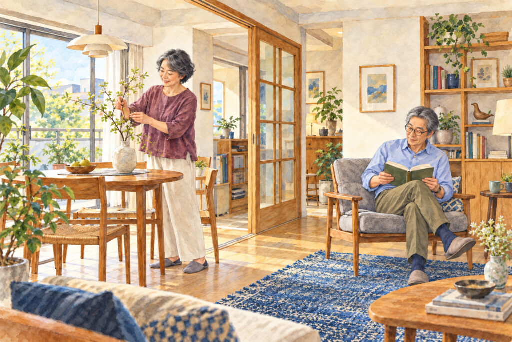 昼の光が入るリビングで、花を生ける奥様と、椅子で本を読むご主人のイラスト(暮らしのイメージ)