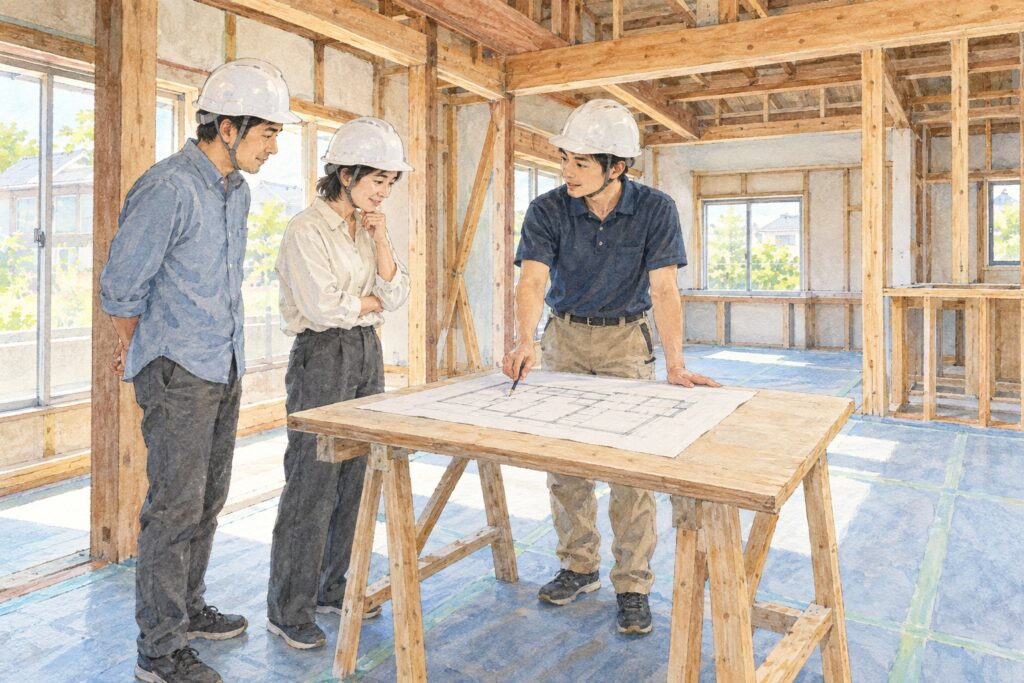 骨組みが見える工事中の住まいで、ご夫婦と担当者が図面を見ながら話す挿絵