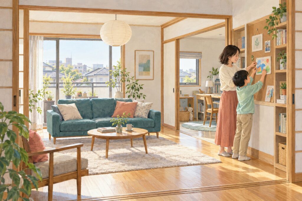 引き戸を開け放った明るい住まいで、子どもの絵を壁のボードに飾る母と子のイラスト(暮らしのイメージ)