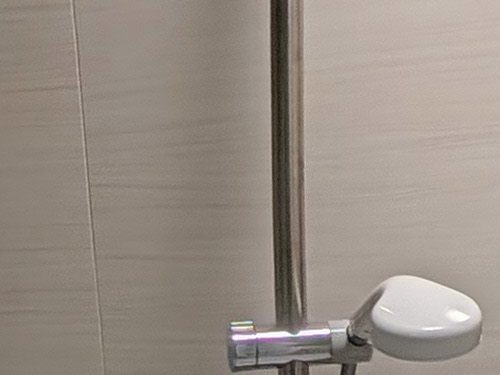 手すりを兼ねたシャワーバーと、白いシャワーヘッド